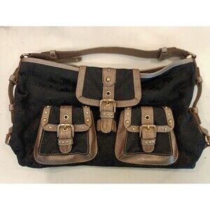 Genna De Rossi Handbag Black Fabric Gold Handle and Trim Around Front Pockets